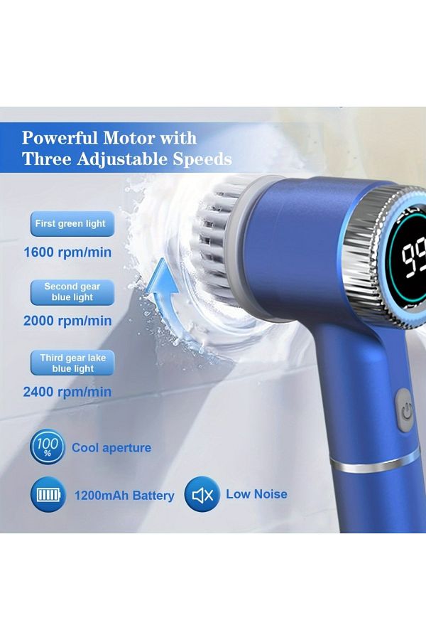5-in-1 Electric Cleaning Brush with 360° spin technology for effortless cleaning of tiles, sinks, bathtubs, and kitchen surfaces.