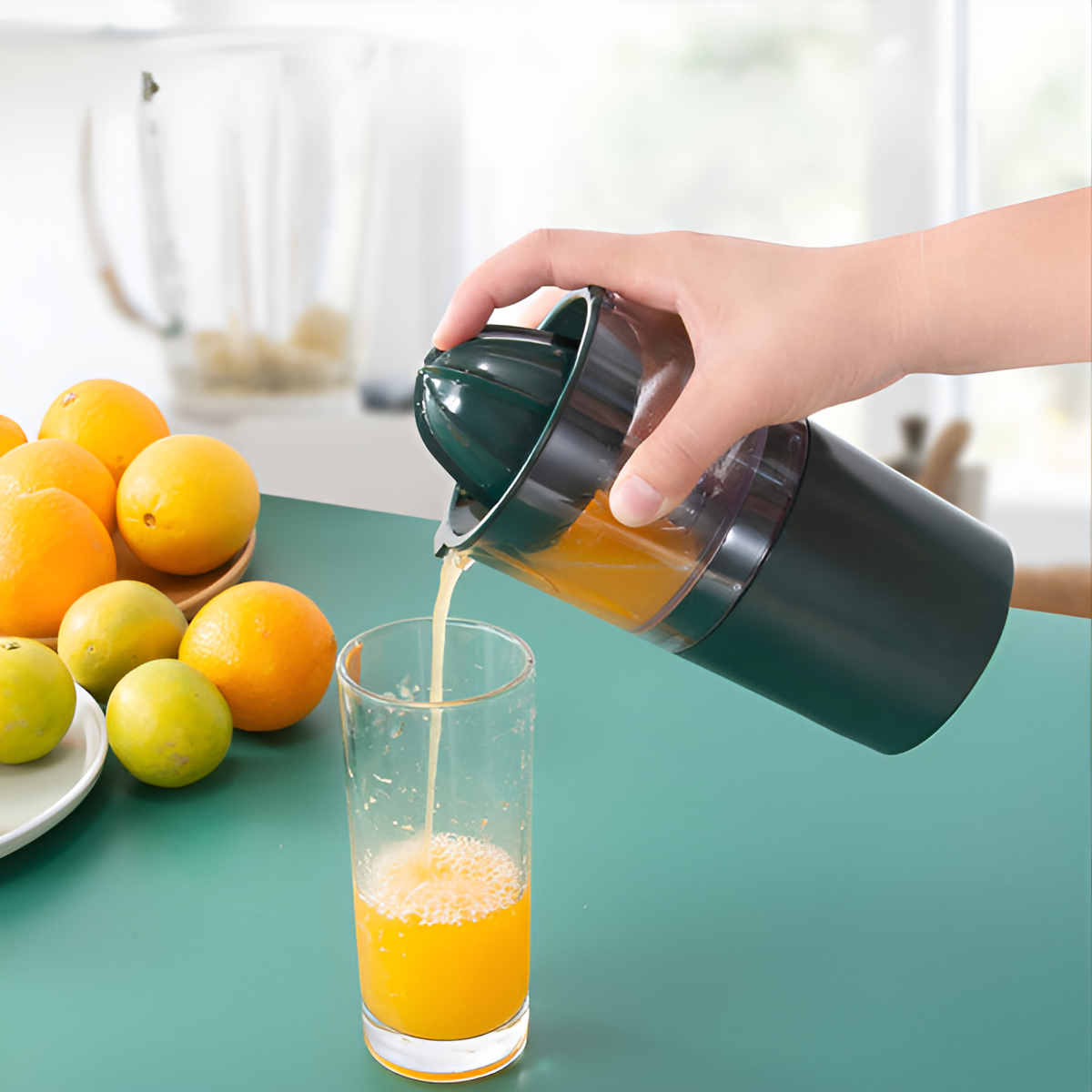 Portable juicer machine with wireless rechargeable battery, compact design, and manual & automatic functions for fresh fruit and orange juices.