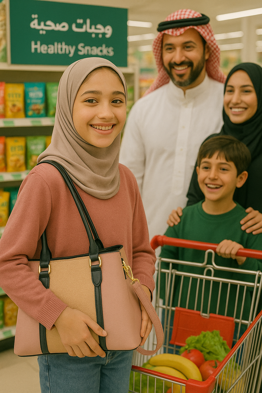 Young Saudi girl shopping with Women’s Natural Uptown Tote Bag in supermarket