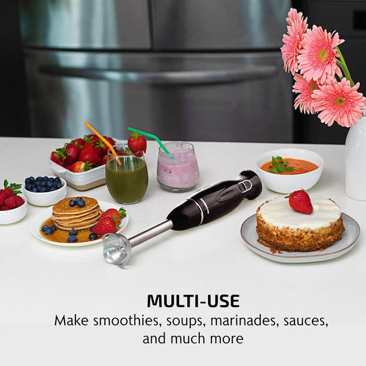 Powerful 200W hand blender with stainless steel blade and ergonomic handle