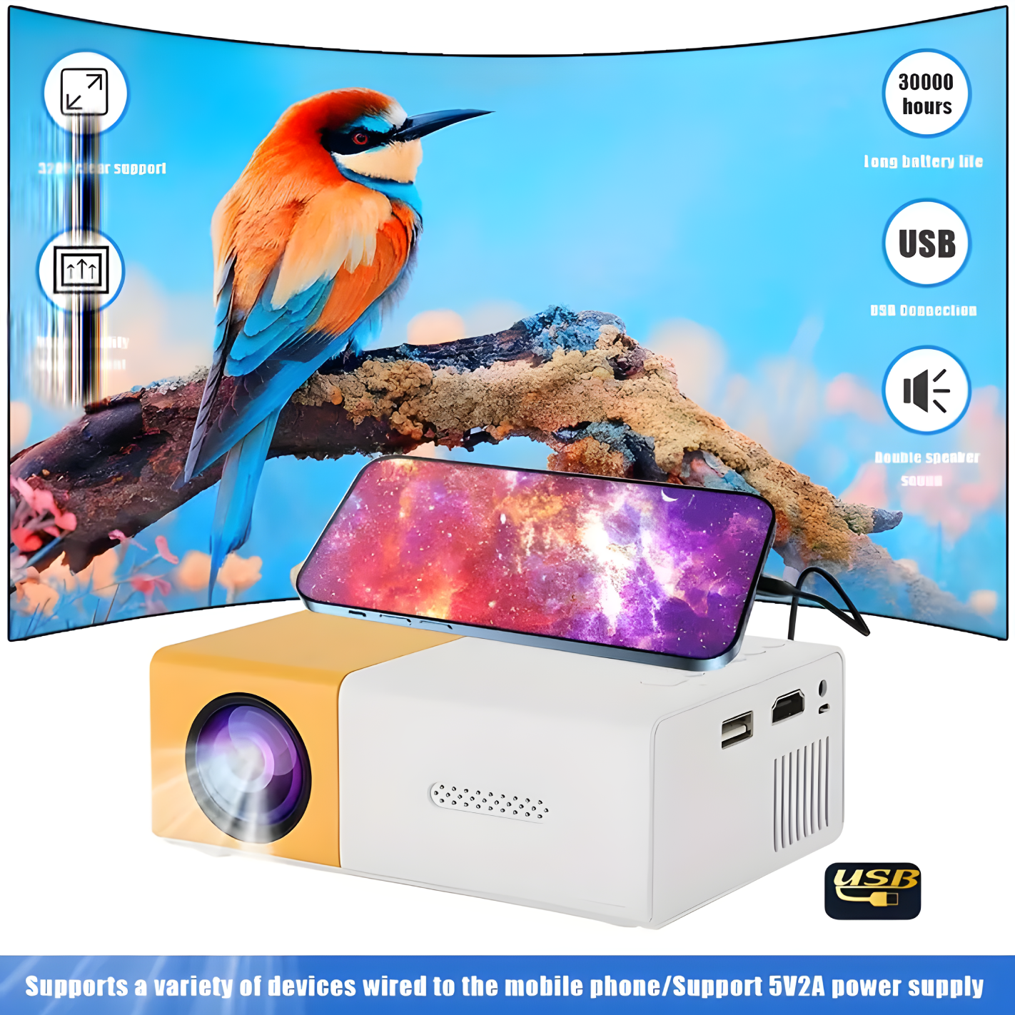 Mini projector for home and office use – HD visuals and built-in speakers.