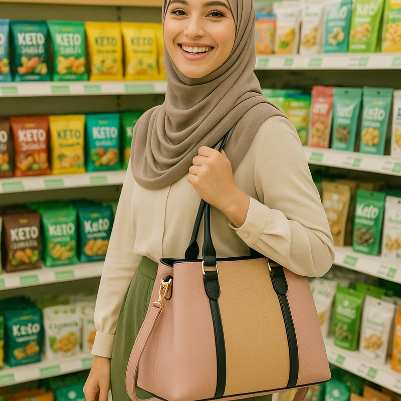 Teenage girl holding double handle tote bag with happy family in background