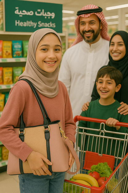 Young Saudi girl shopping with Women’s Natural Uptown Tote Bag in supermarket