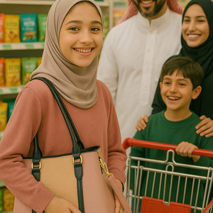 Young Saudi girl shopping with Women’s Natural Uptown Tote Bag in supermarket